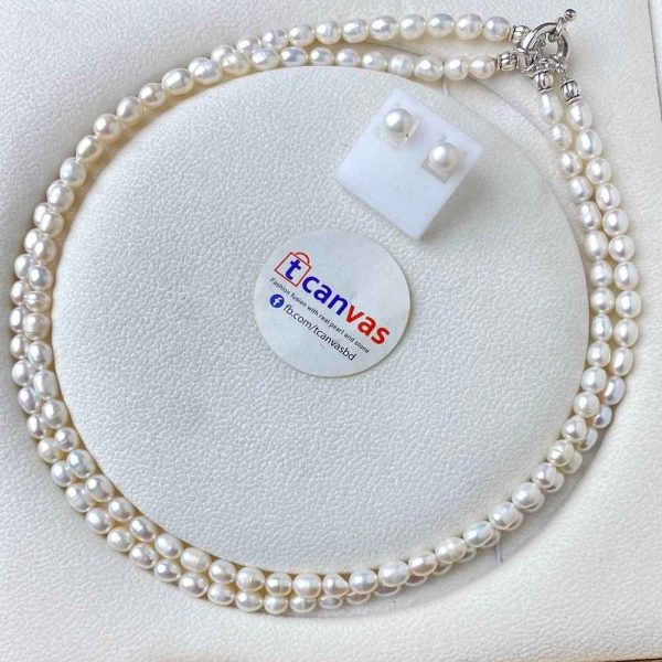 Layered necklace - White color rice shape Pearl