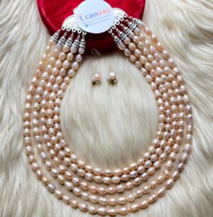 5 Layer Peach Color Rice Pearl Necklace