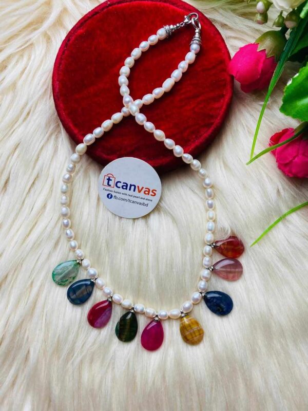 Rice pearl and multi color stone necklace