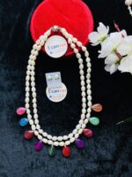 Double layer rice pearl and multi color stone necklace