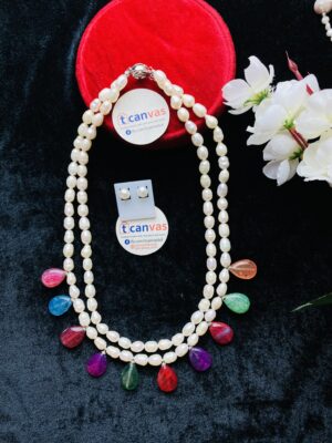 Double layer rice pearl and multi color stone necklace