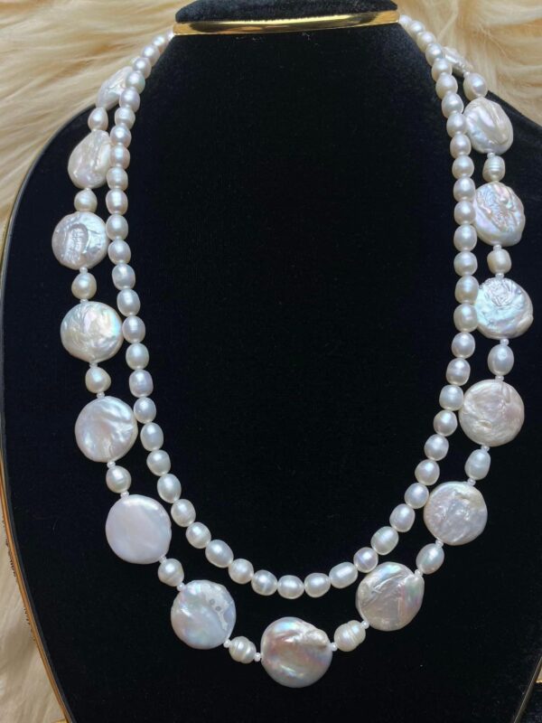 Coin pearl and Rice pearl double layer necklace