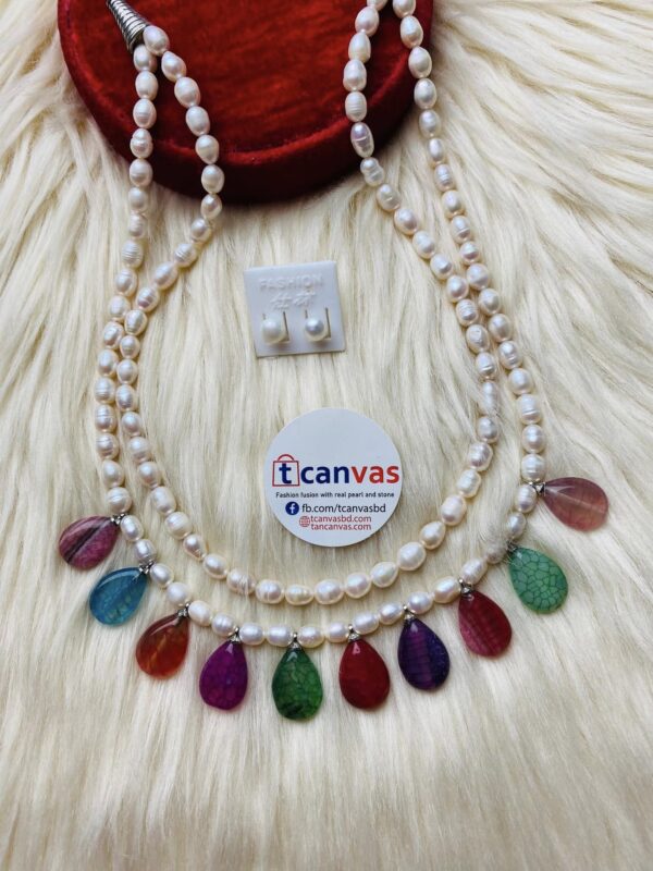 Double layer rice pearl and multi color stone necklace