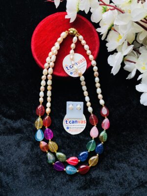 Real pearl and colorful stone necklace